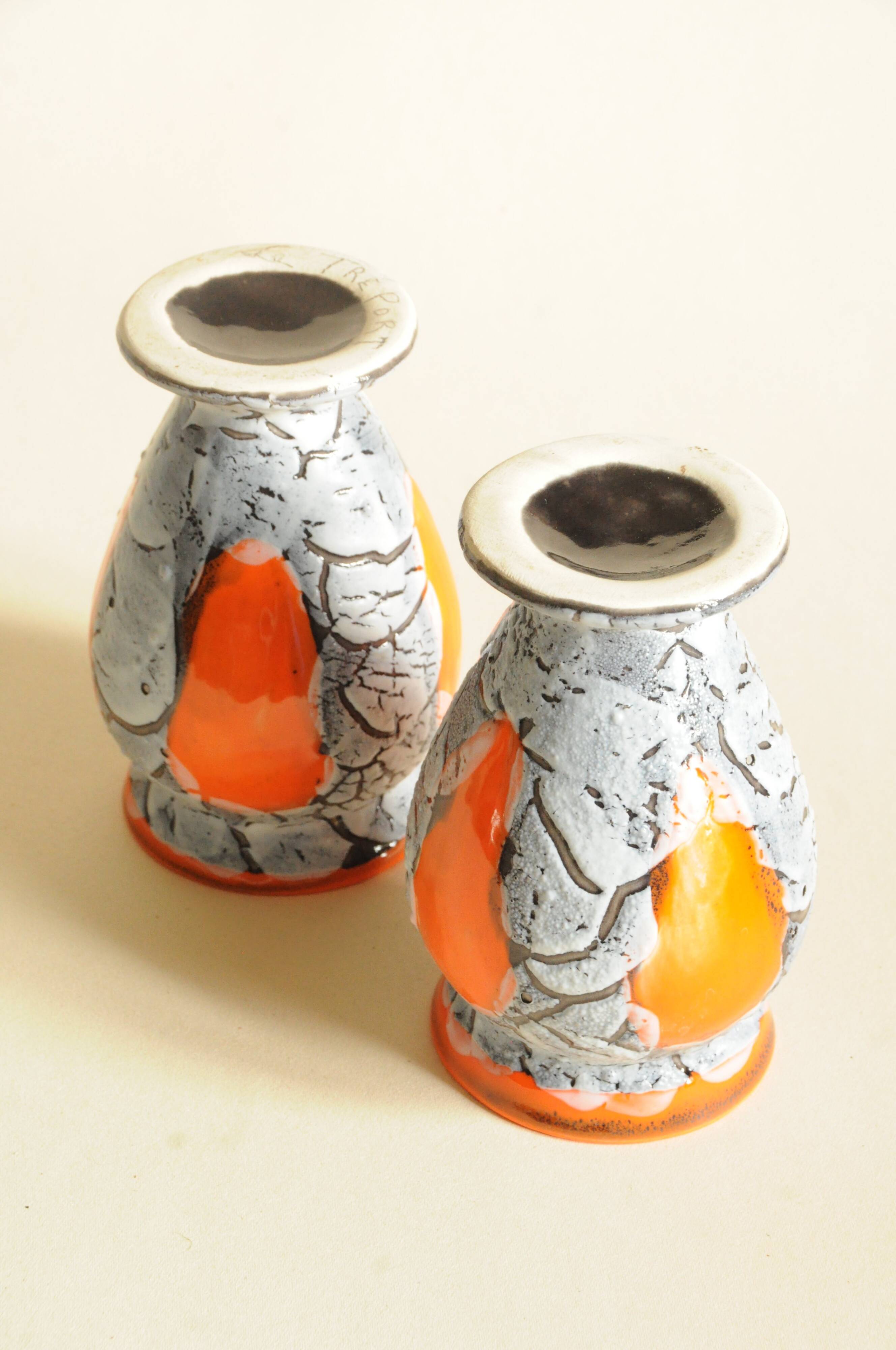 Pair of Ceramic Vases Grey, White, Orange Vallauris – Mid-Century Style