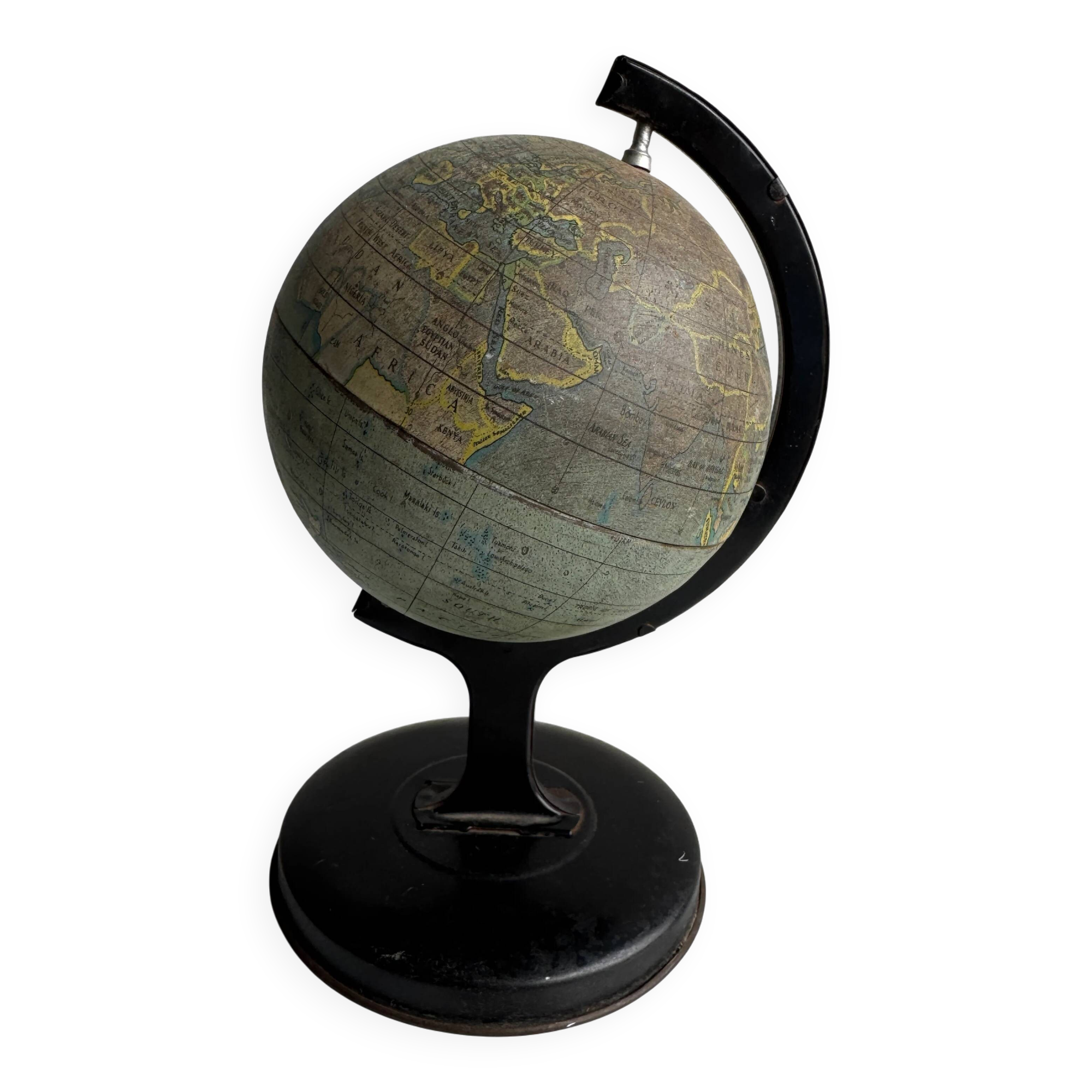 Miniature Green Paper-Covered Globe with Metal Base and Meridian — Made in England