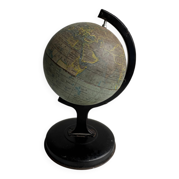 Globe miniature recouvert de papier vert avec base en métal et méridien — Fabriqué en Angleterre