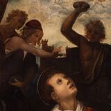 Antique painting on panel 17th century, The Martyrdom of Saint Stephen