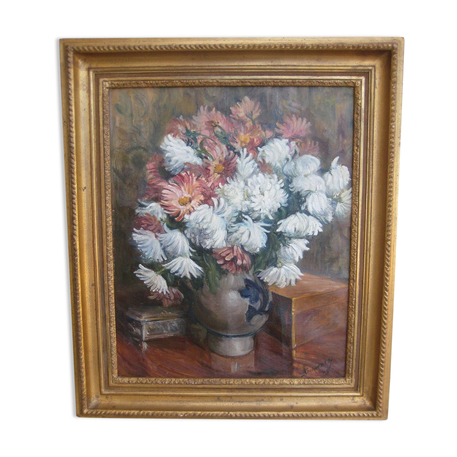 Bouquet of flowers ancien tableau signed Schwartz