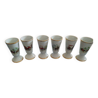6 Limoges porcelain mazagrans with horse-drawn carriage theme