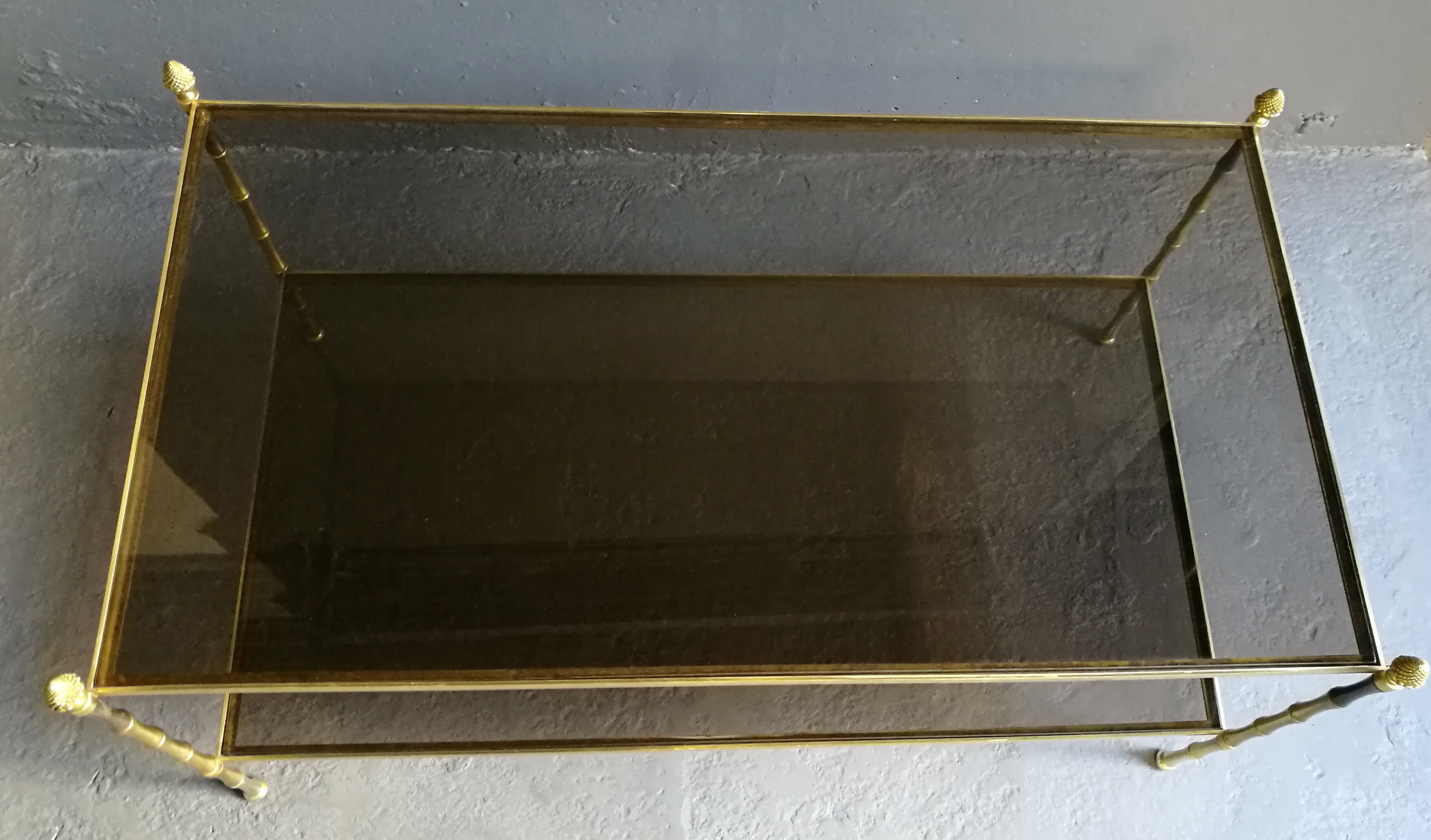 Smoked low years 70 brass and glass table