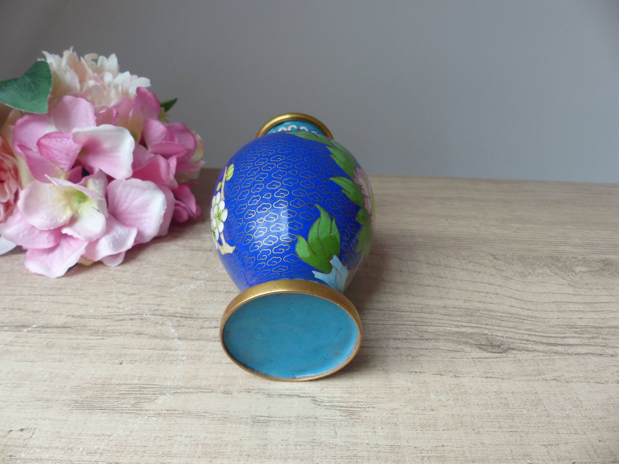 Old small blue cloisonné brass vase with pink peony flower motif