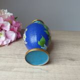 Ancien petit vase bleu en laiton cloisonné motif fleurs pivoine rose