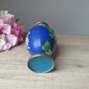 Old small blue cloisonné brass vase with pink peony flower motif