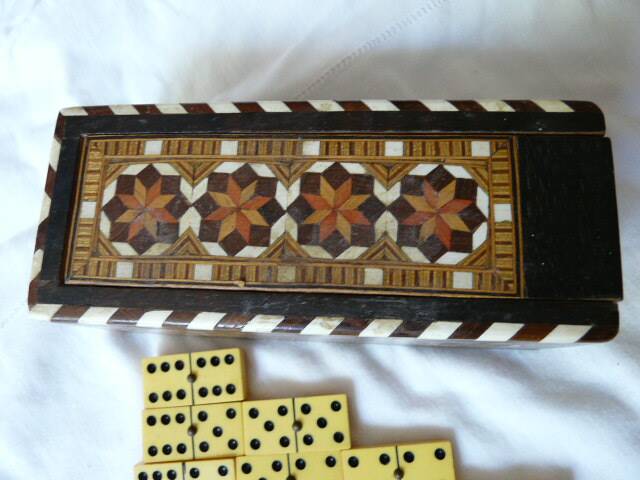 Antique Box of 28 Dominoes in Vintage Syrian Marquetry