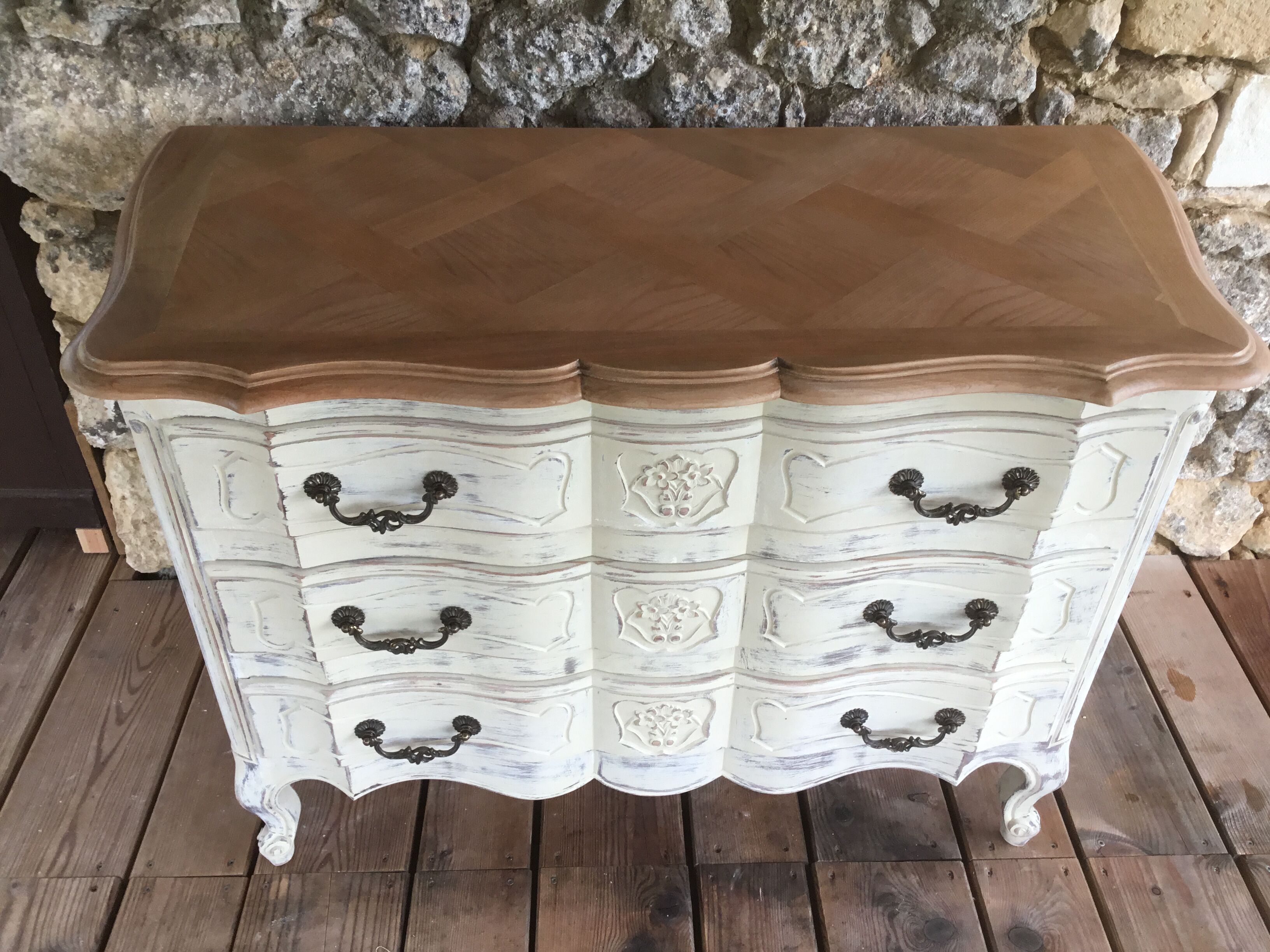 Louis XV style chest of drawers in cherry 3 drawers patinated linen color