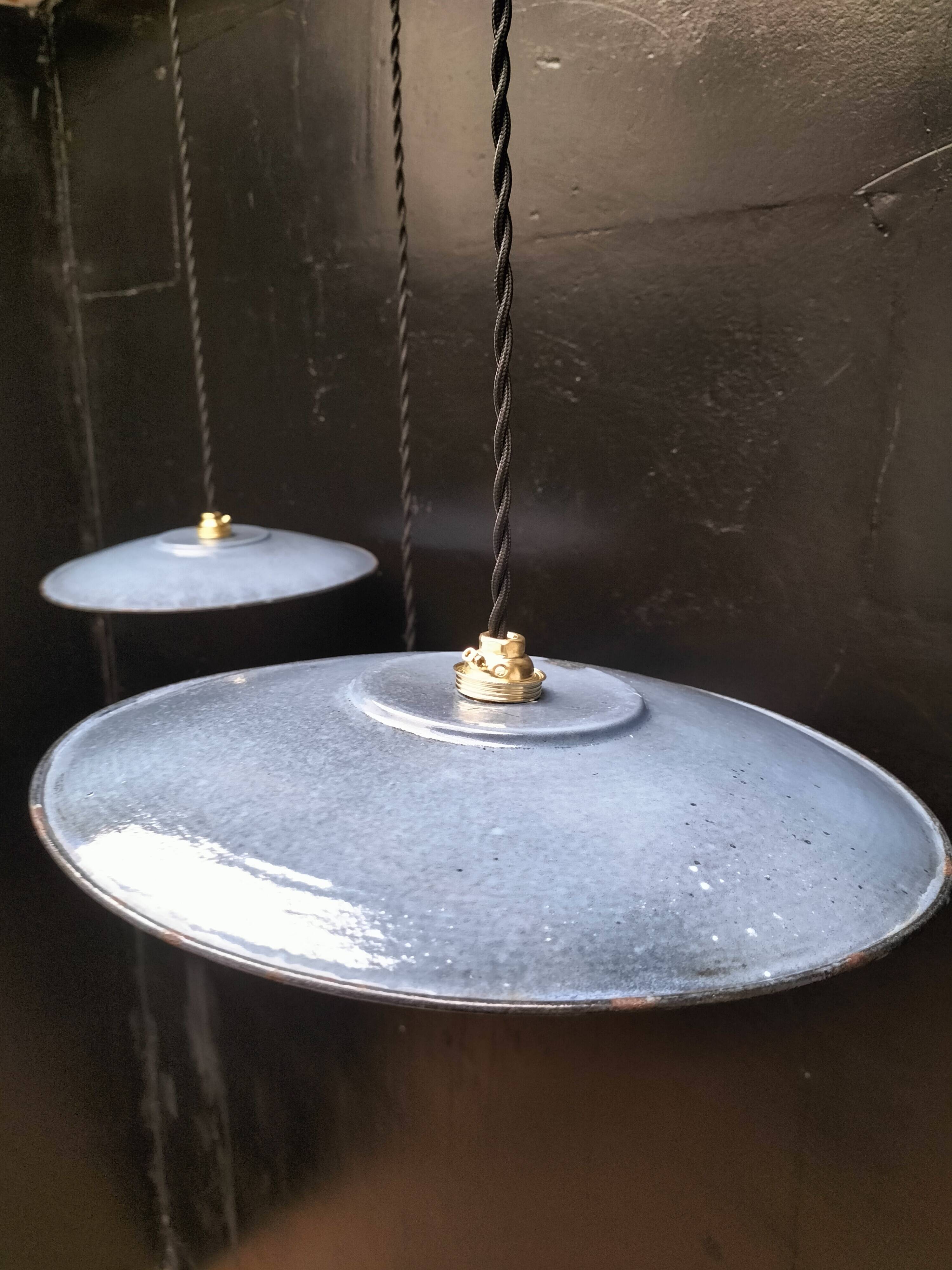 3 blue enameled sheet metal pendant lights