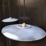 3 blue enameled sheet metal pendant lights
