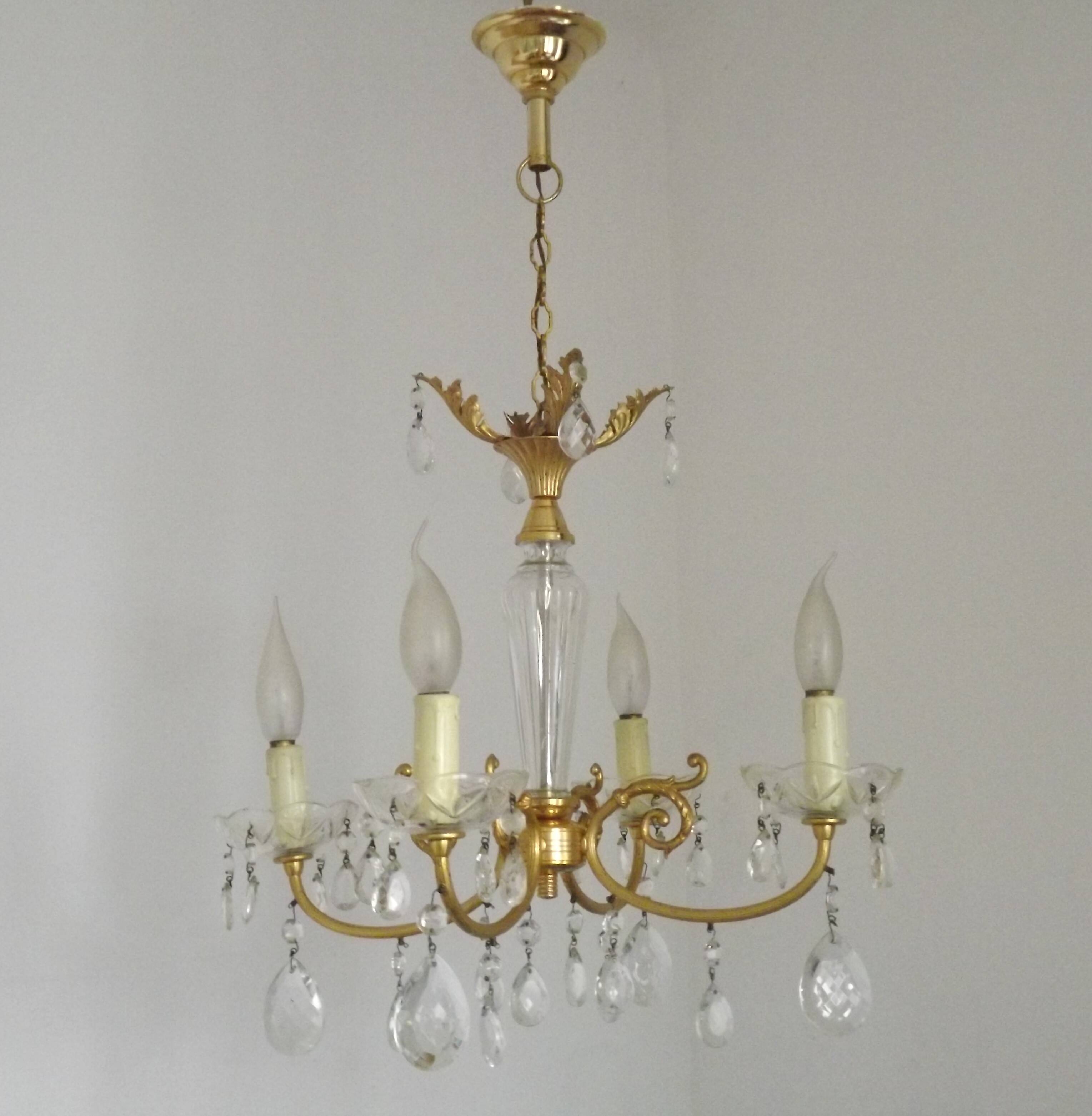 Mid-century brass, glass, and crystal chandelier with 4 lights 5099