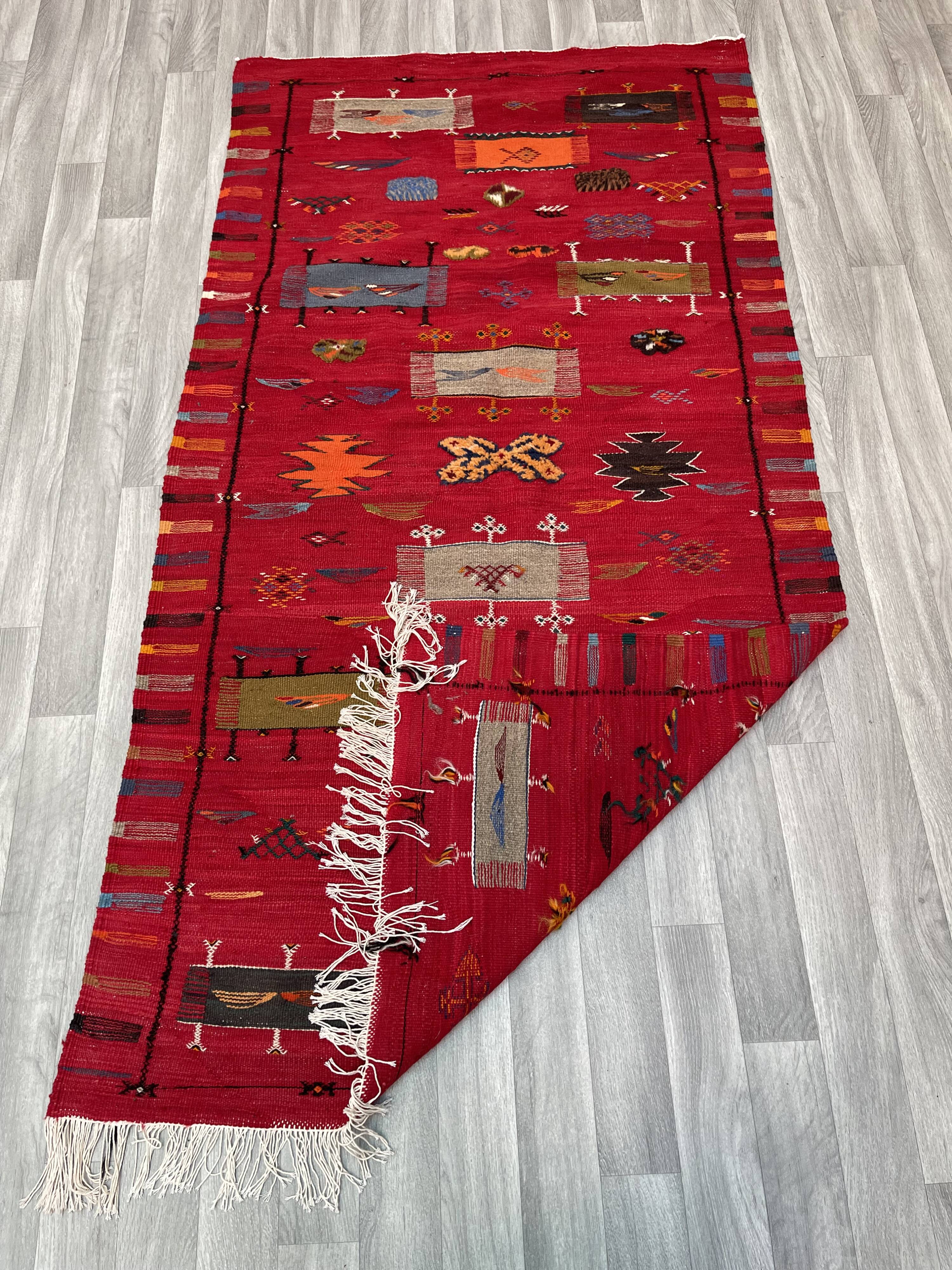 Unique and medium berber kilim, red rug, moroccan kilim, decoration rug