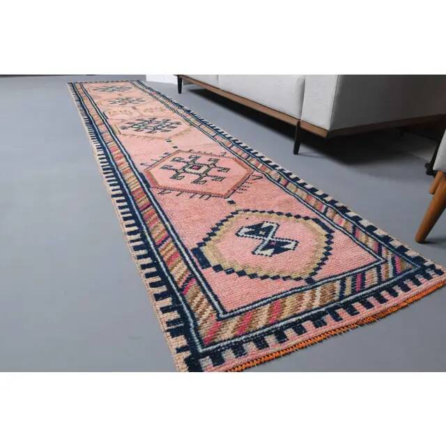 Vintage Turkish Oushak handmade wool cotton pink runner rug 81x368