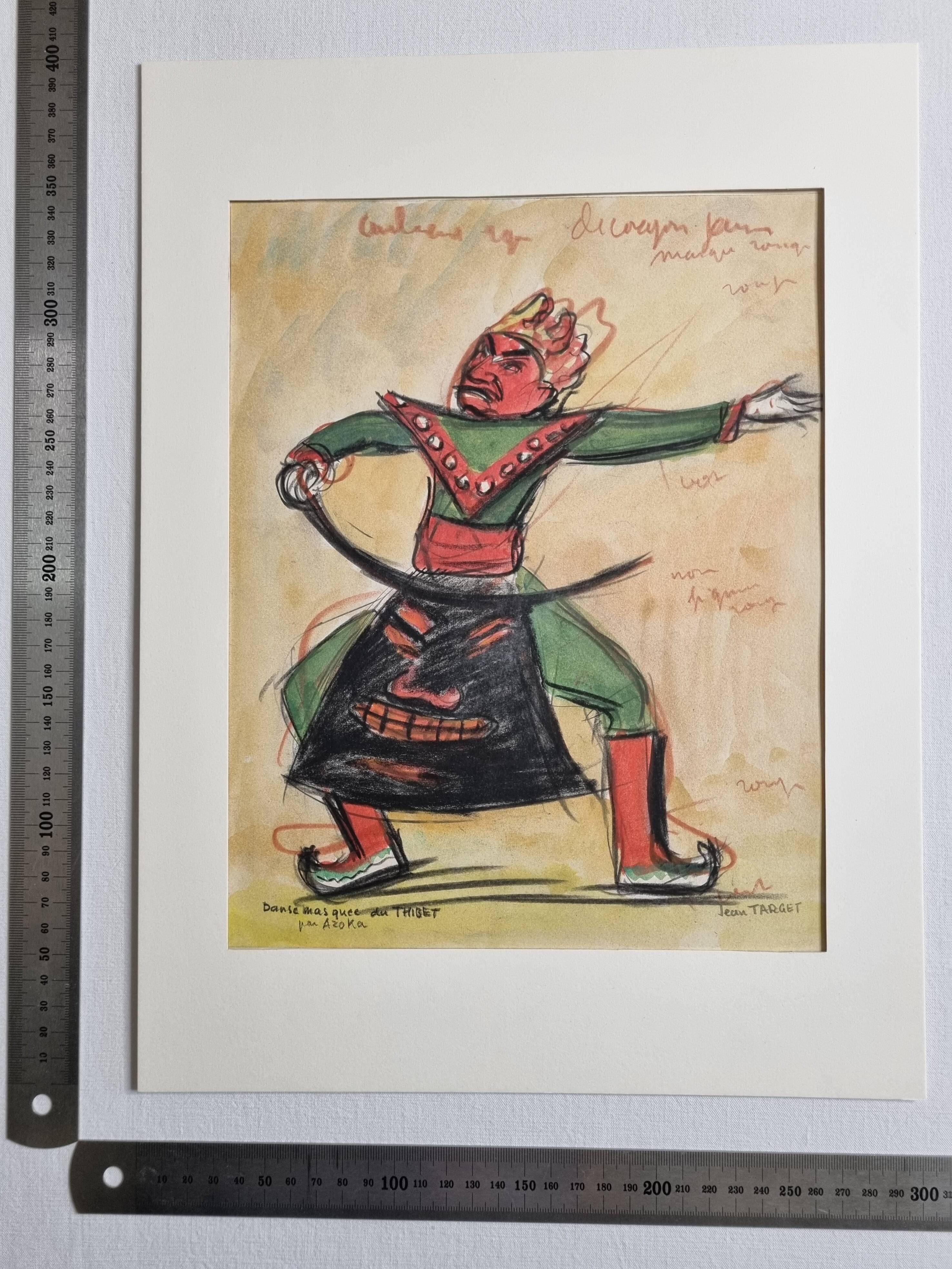 Original pastel signed by Jean Target – Masked dance in Tibet, 30 x 40 cm