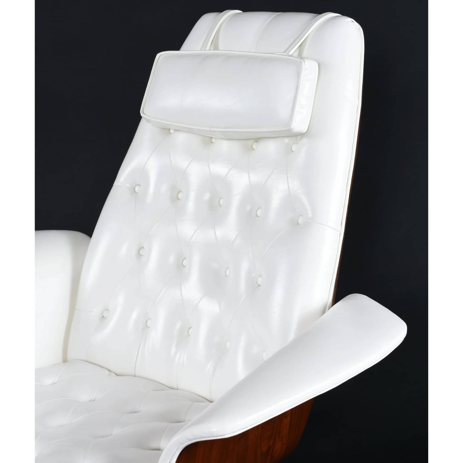 Restored George Mulhauser style white tufted tilt and swivel chair with ottoman