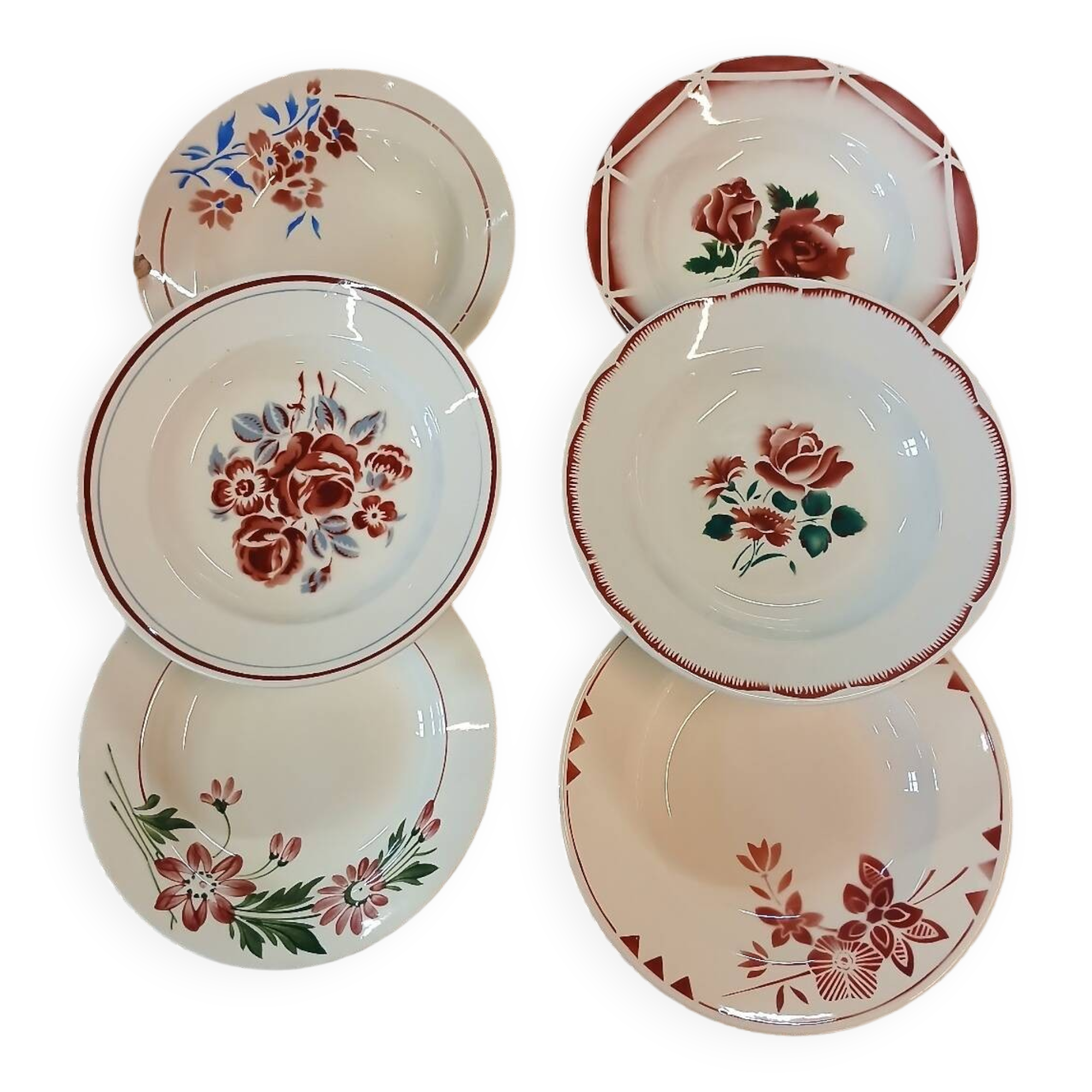 6 mismatched antique soup plates