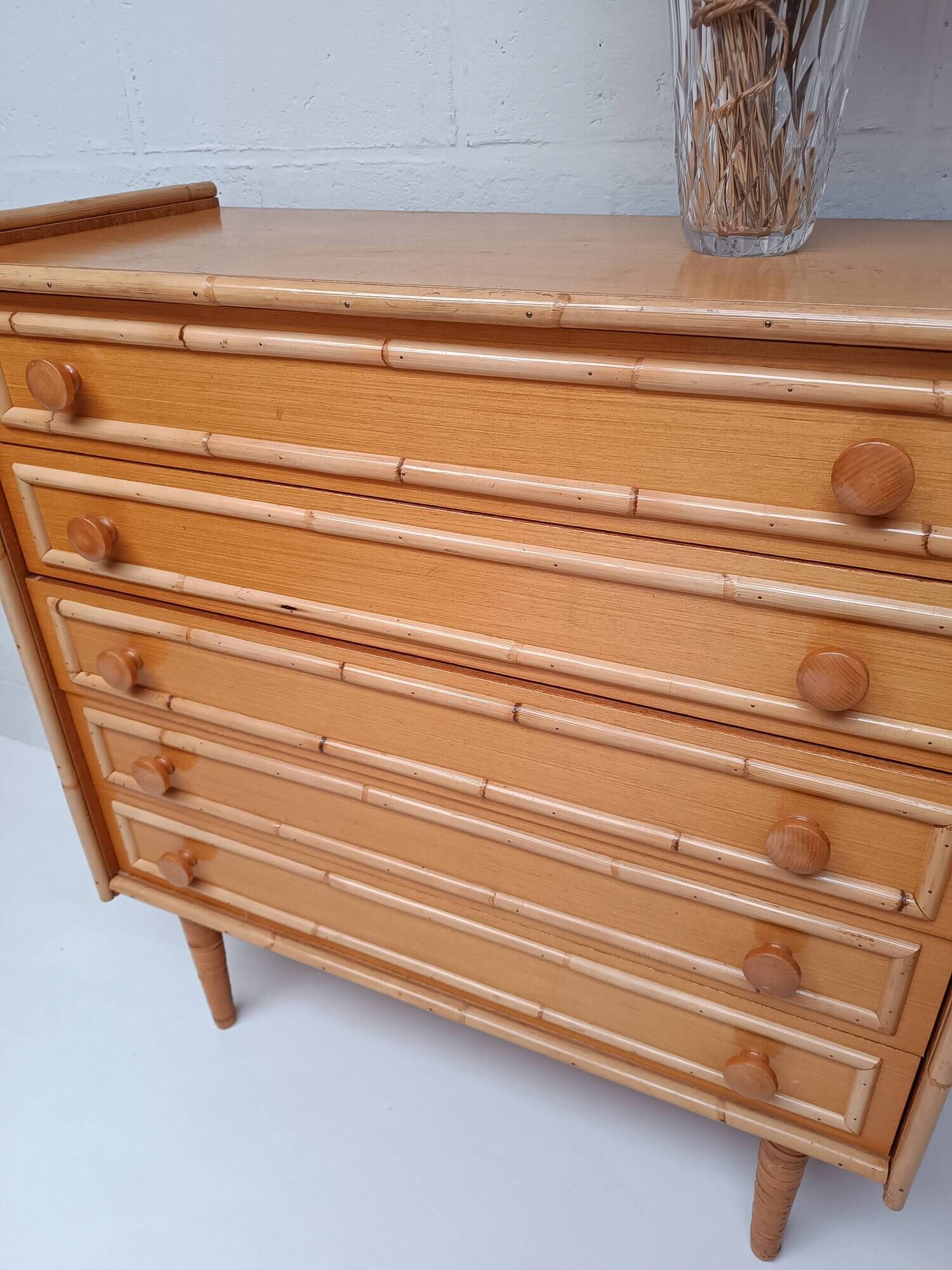 Bamboo and rattan wood chest of drawers from the 60s