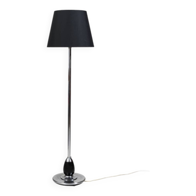 Lampadaire danois en chrome et bois noir, abat-jour noir, années 1930