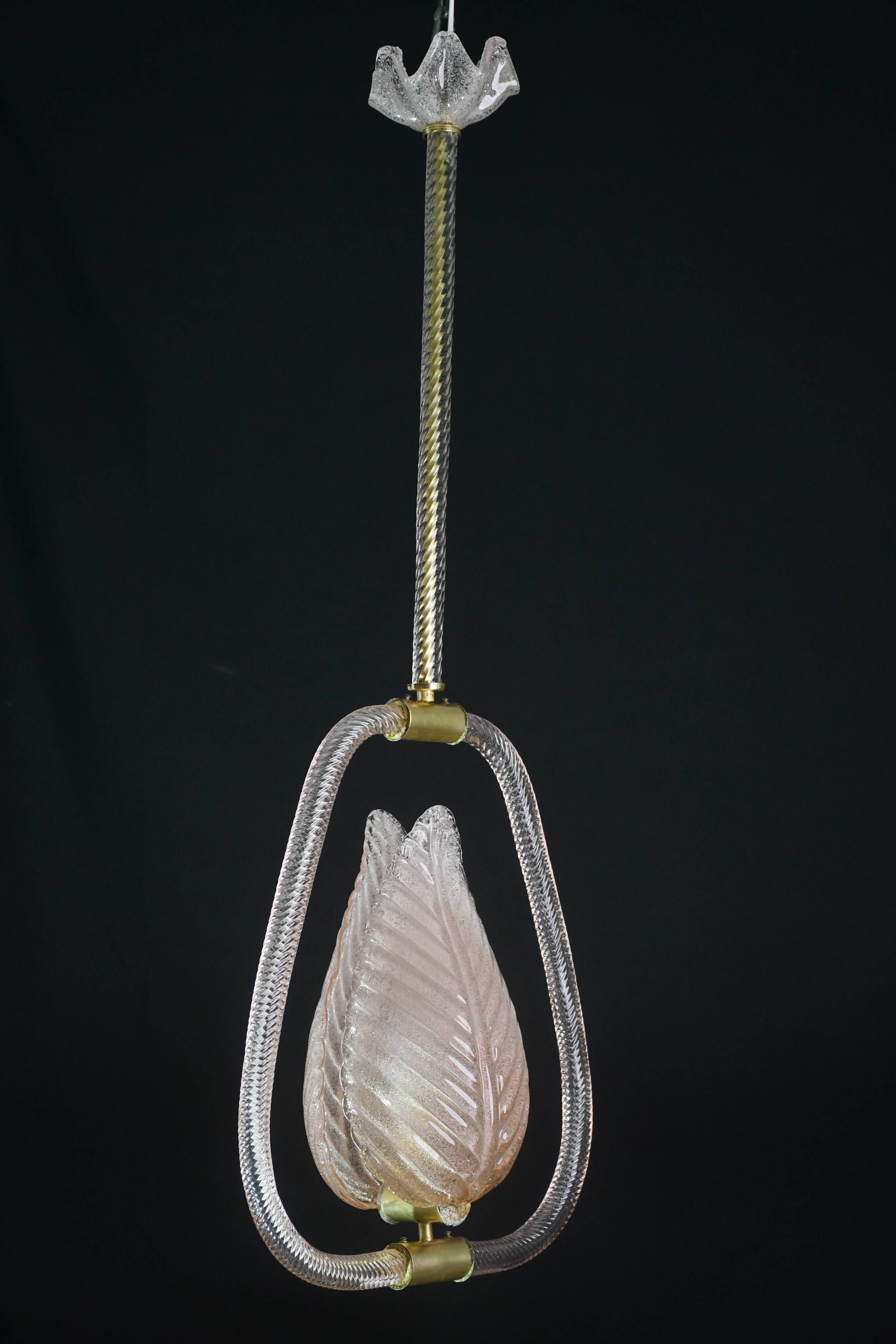 Elgant Pink Art Decò Barovier e Toso Pendant Light Murano Glass, 1940s