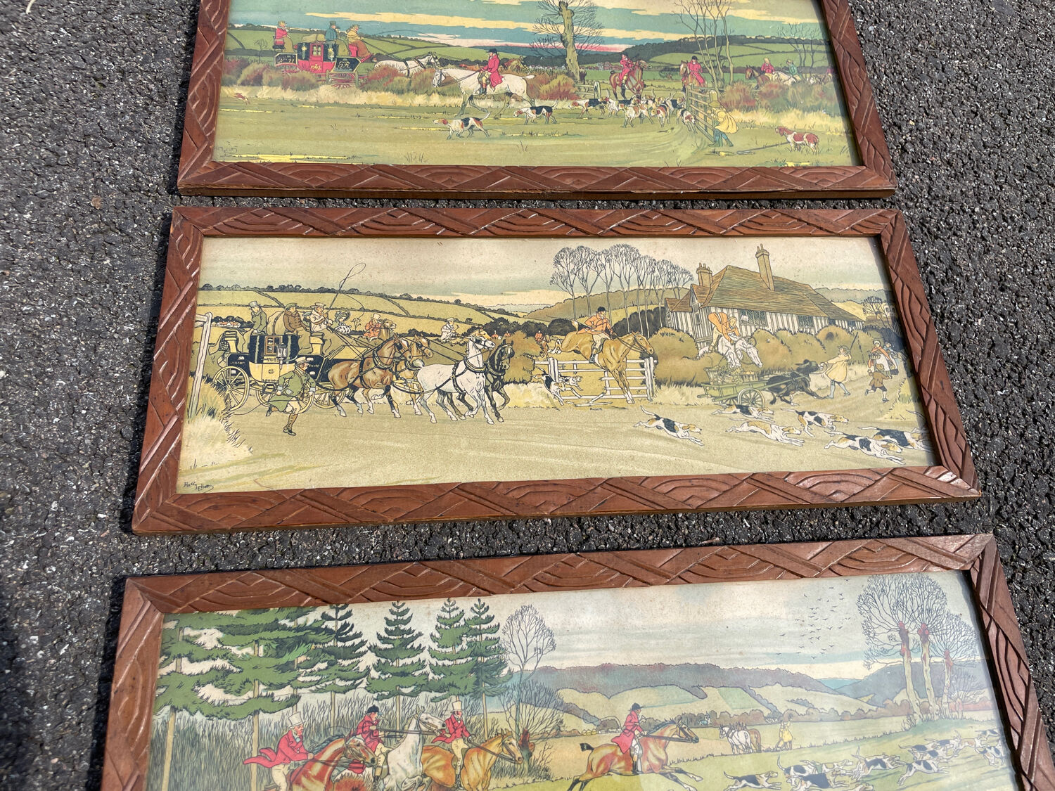 Lot 4 antique prints 1930 art deco signed Harry Eliott hunting scenes