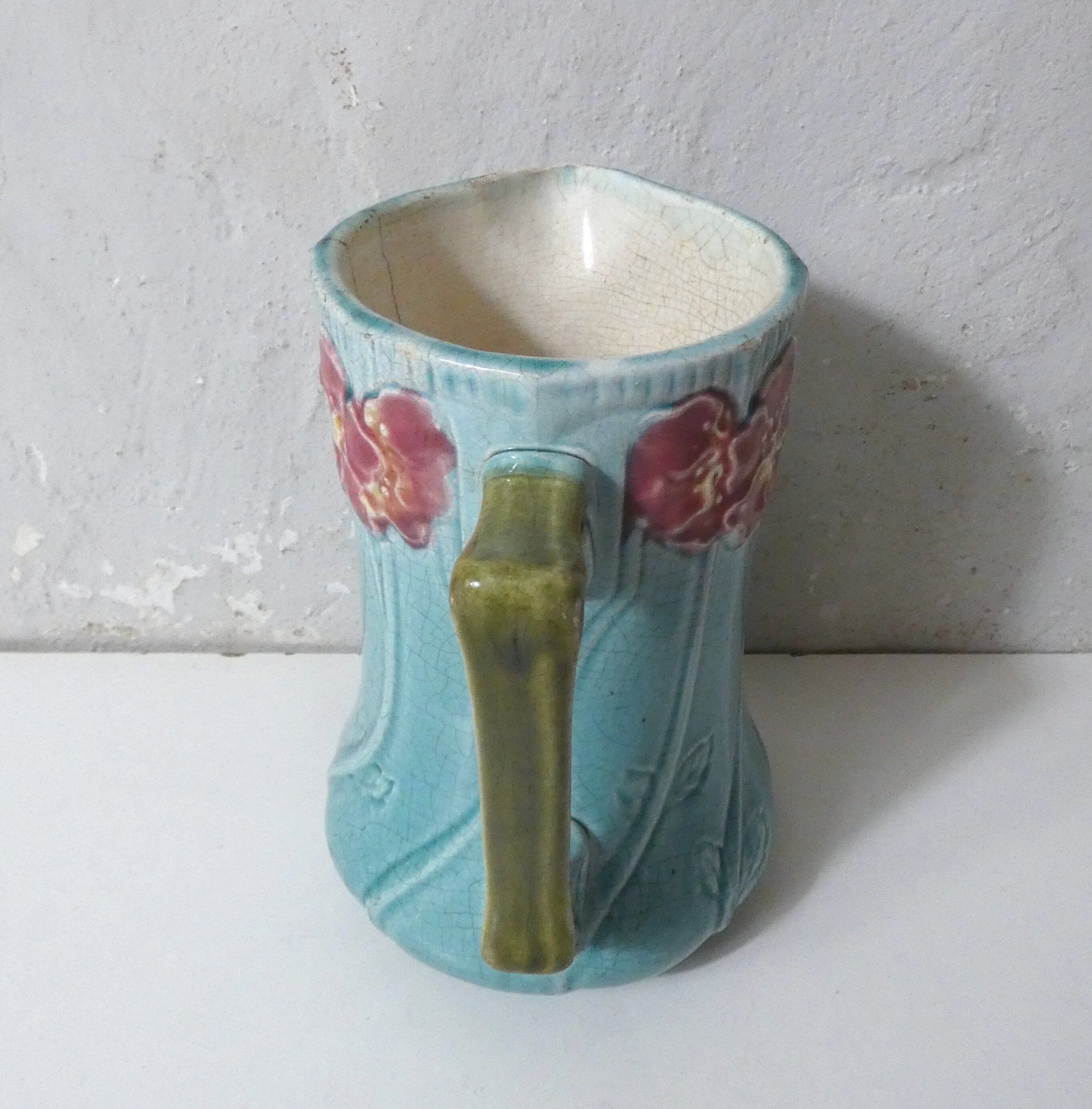Antique Art Deco turquoise flowered slipware jug vase