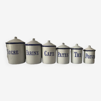 Set of 6 spice pots in white and blue enamelled sheet metal, 1900, France