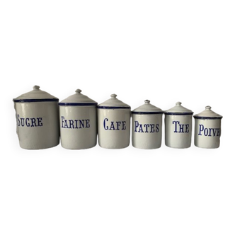 Set of 6 spice pots in white and blue enamelled sheet metal, 1900, France