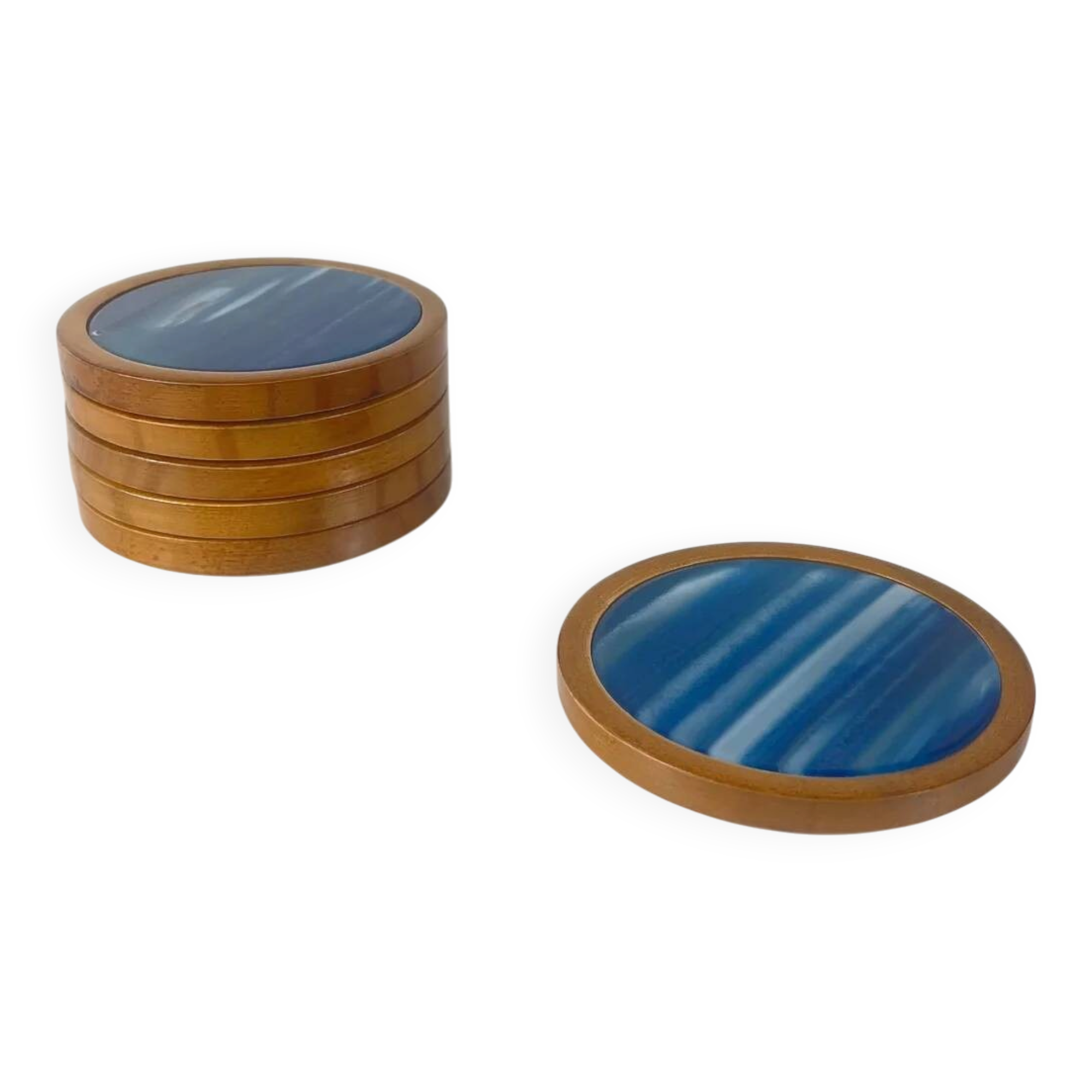 Set of 6 blue agate and wood coasters, mid-century modern.