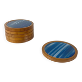Set de 6 dessous de verre en agate bleu et bois, midcentury modern