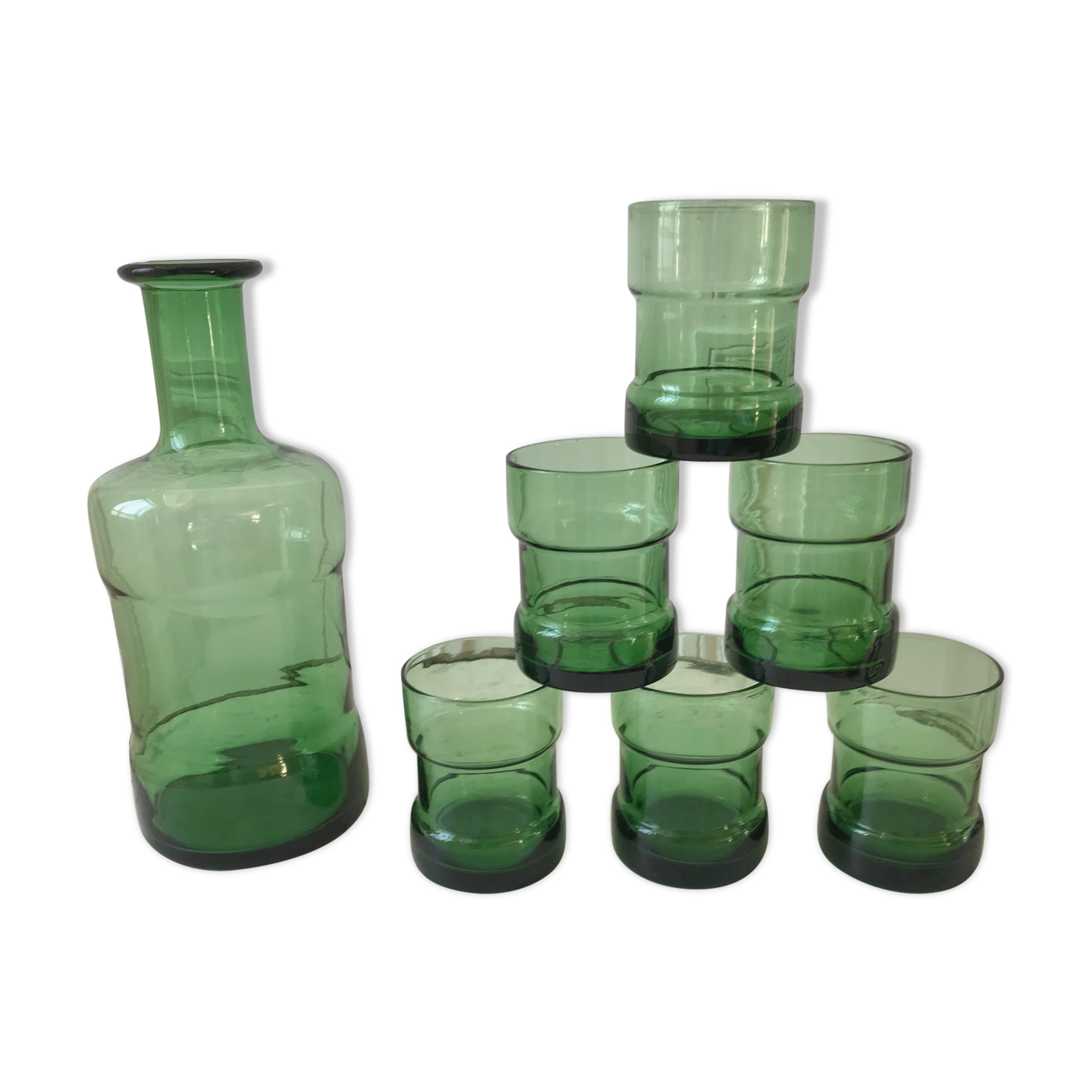 Set of a decanter and 6 glasses colored green bottle 70s