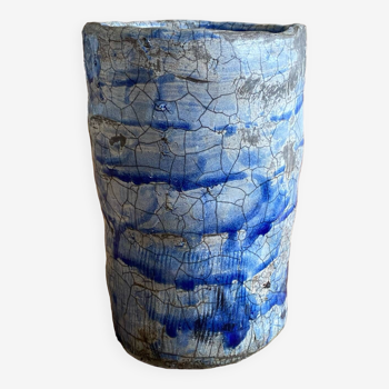 Vase type raku émaillé céramique bleu