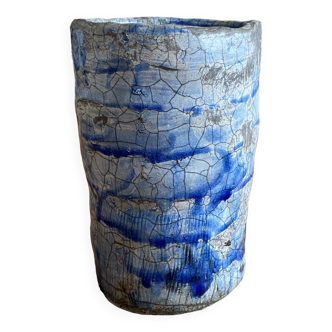Blue ceramic enameled raku type vase