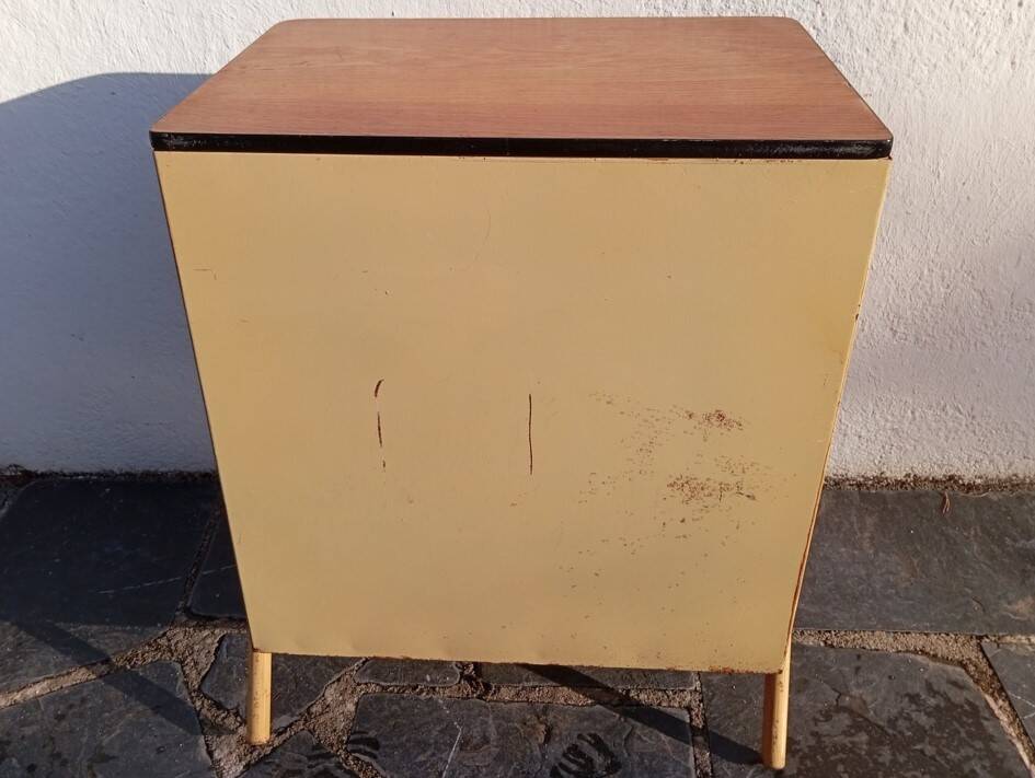 Metal and wood boarding school bedside table