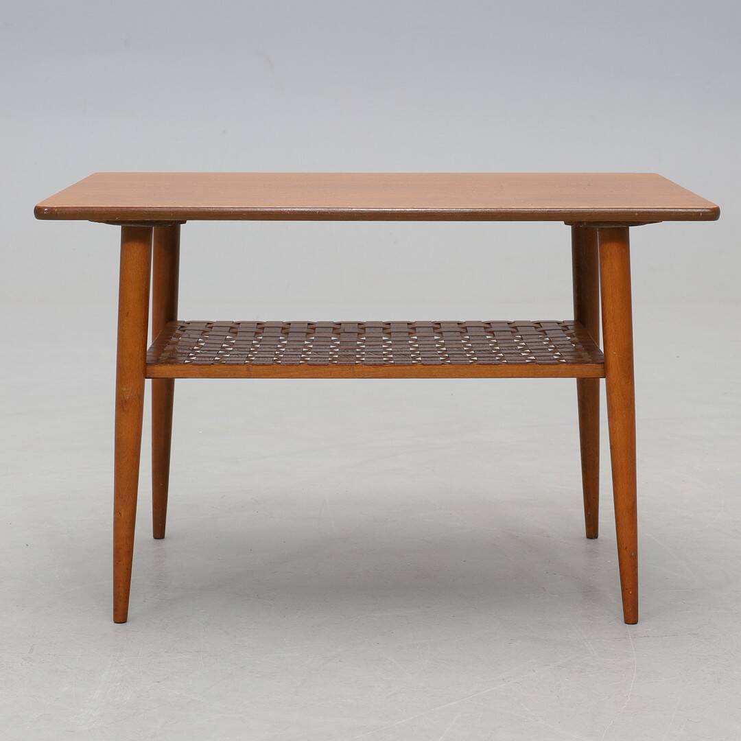 Vintage Scandinavian teak coffee table with woven shelf - 1960s