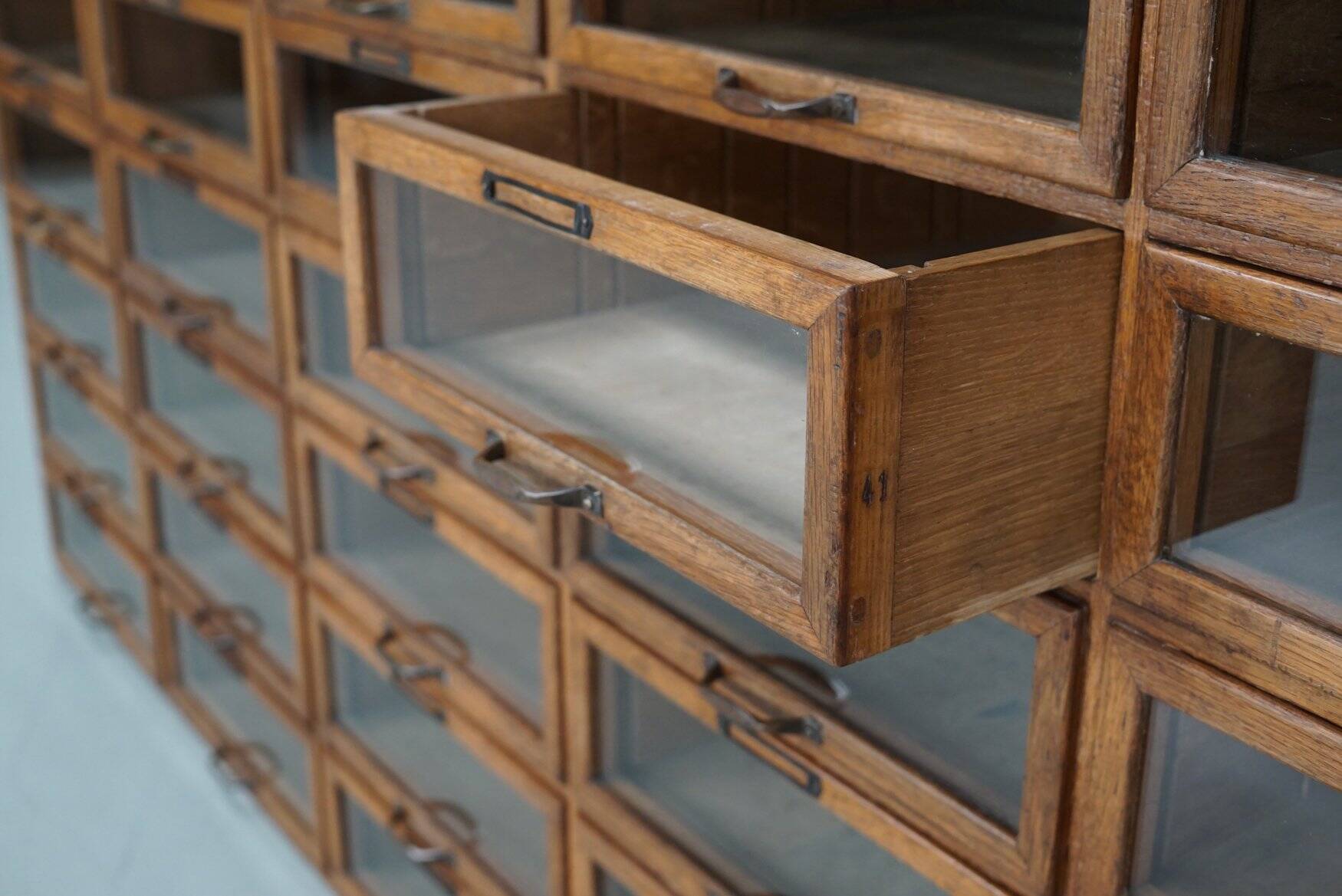 Vintage Dutch oak haberdashery shop cabinet, 1930s