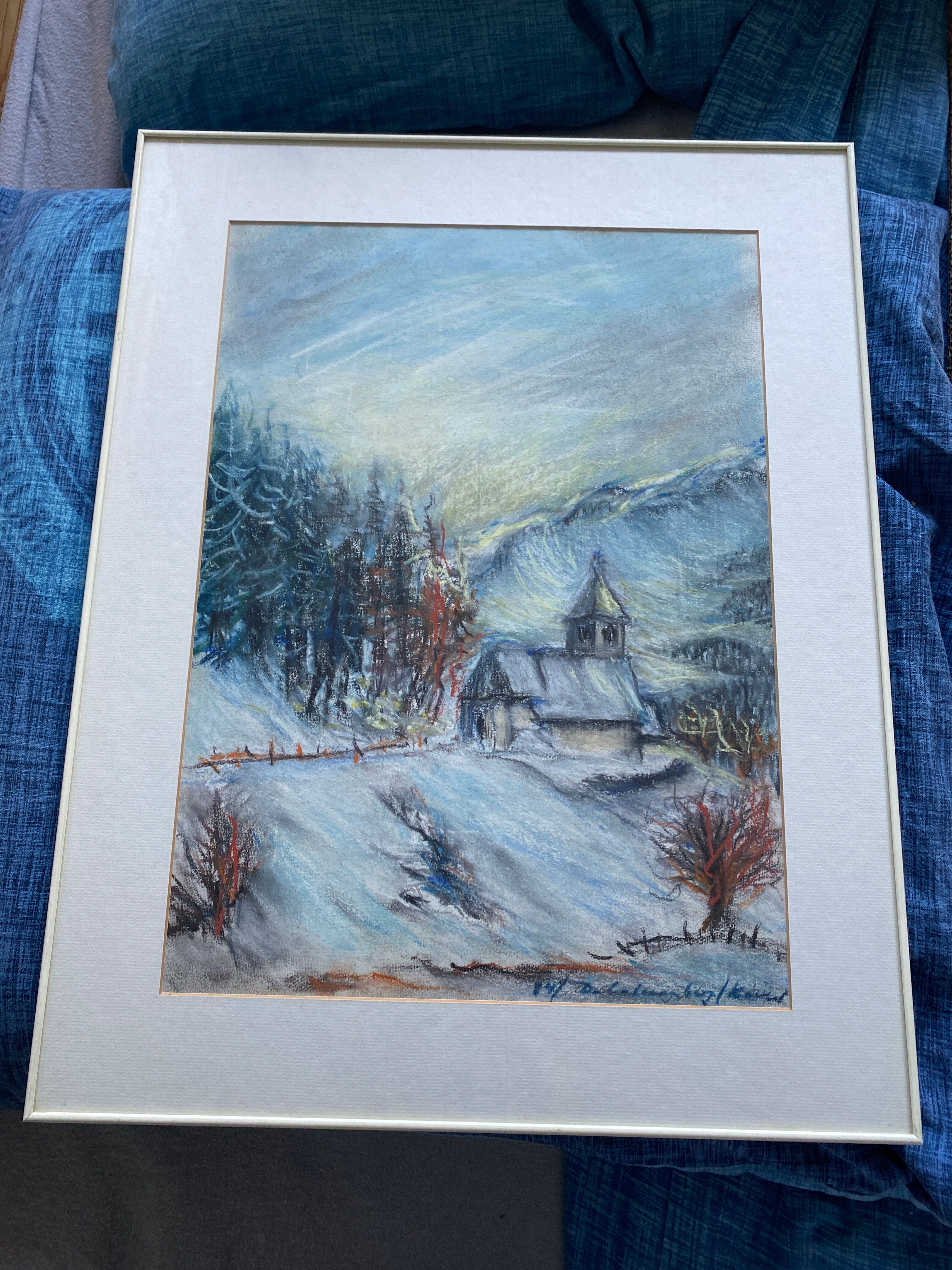 Pastel "chapel under the snow" signed