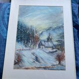 Pastel "chapel under the snow" signed