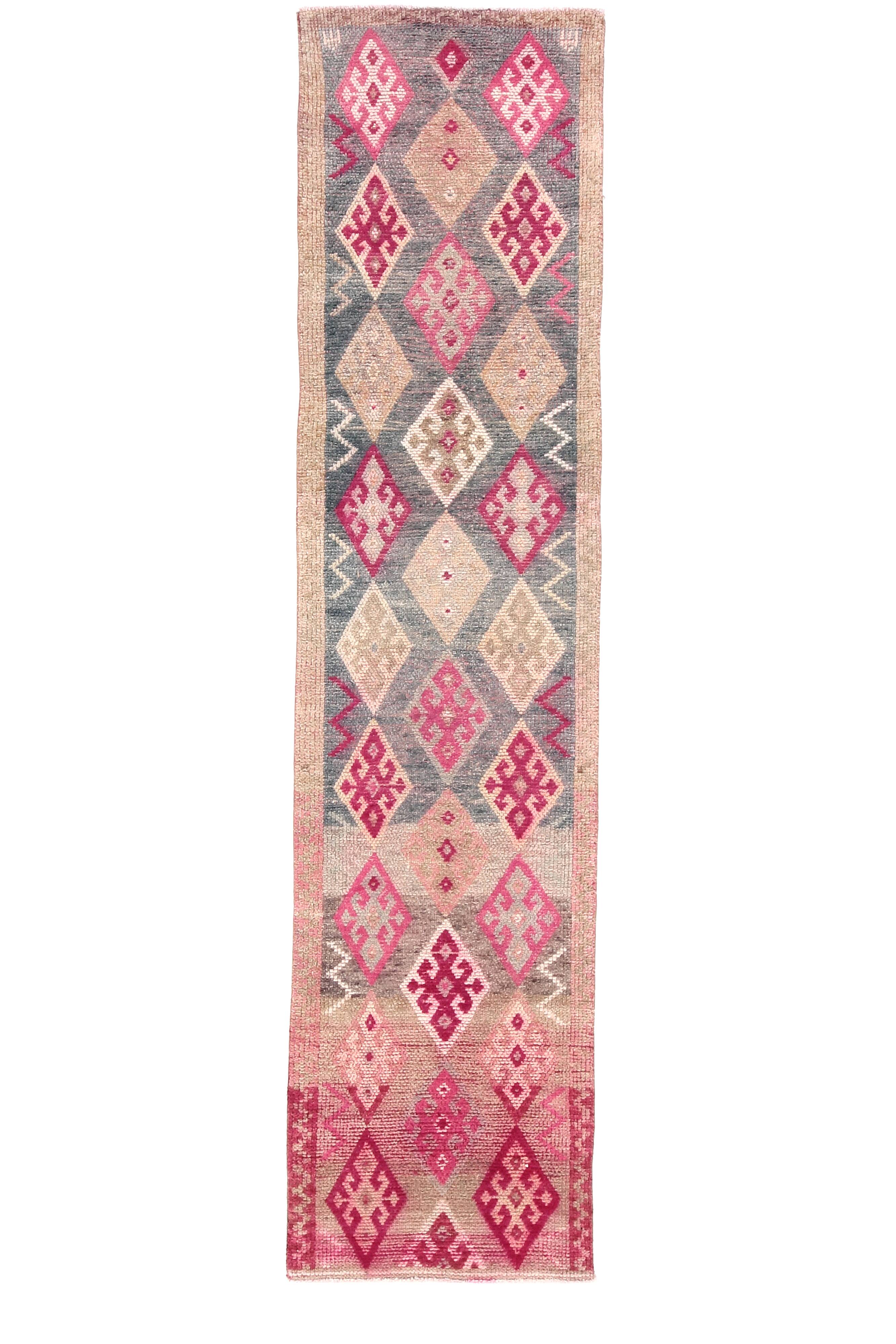 Pastel Pink & Cream Turkish Vintage Runner Rug, 72x306Cm