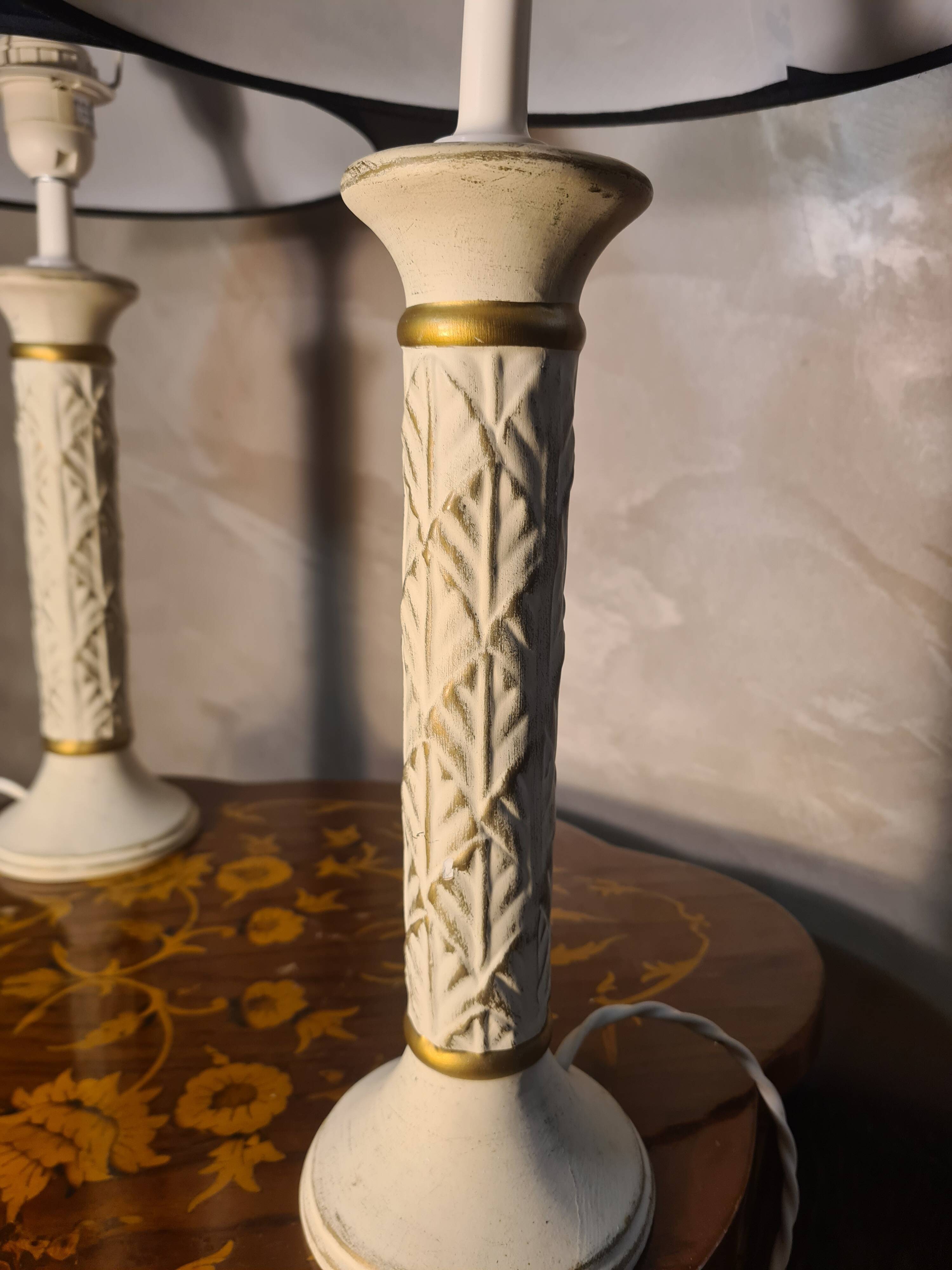 pair of patinated ceramic column bedside lamps, classic 50x30 cm