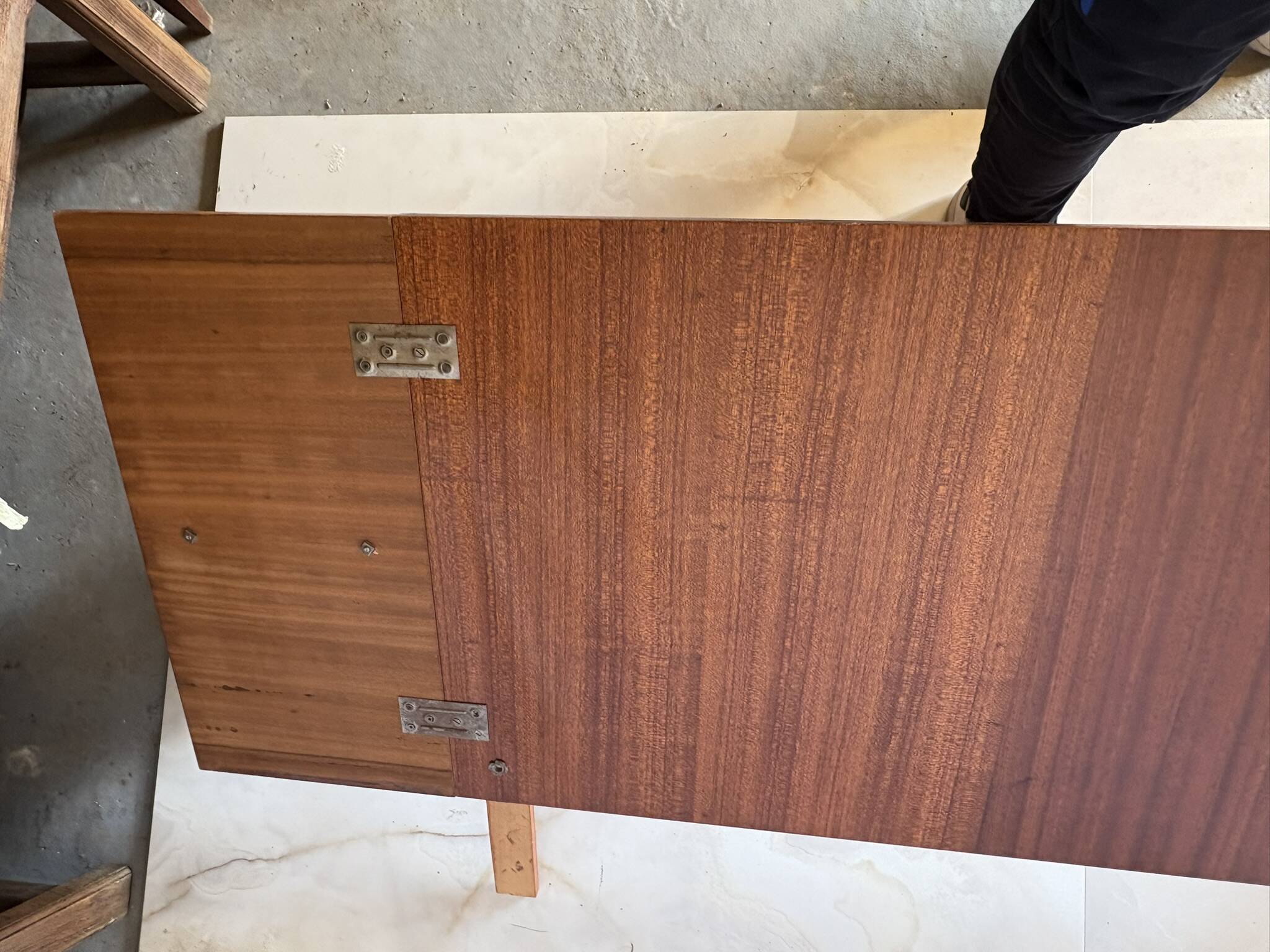 Varnished mahogany headboard, integrated bedside tables, 1960s