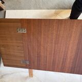 Varnished mahogany headboard, integrated bedside tables, 1960s