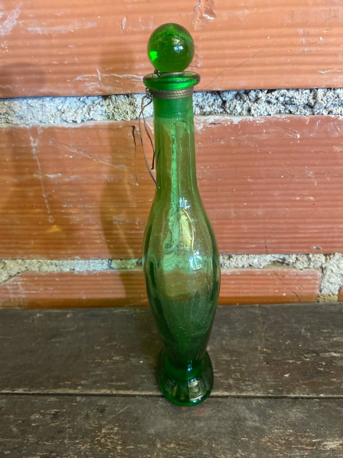 Old Green Bubble Glass Carafe Bottle with Vintage Stopper