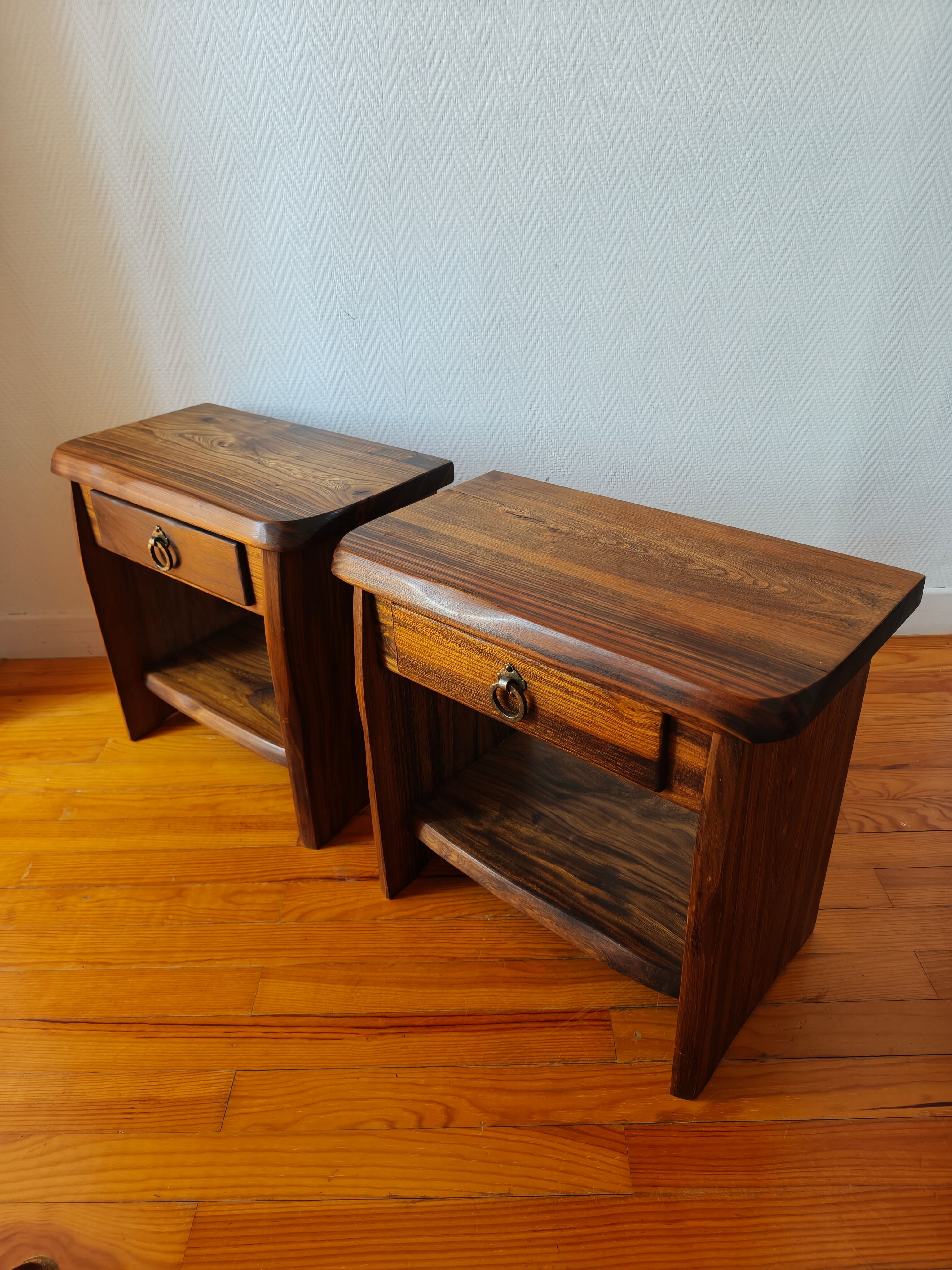 Pair of solid elm bedside tables, France 1970.