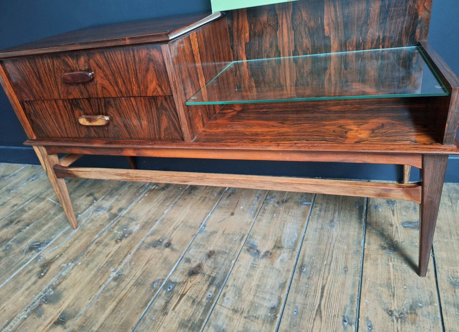 Vintage enfilade in rosewood, antique dressing table, chest of drawers.