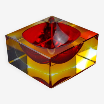 Cendrier sommerso cubique rouge et jaune par seguso, murano, italie, 1970