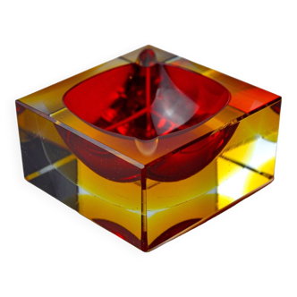 Cendrier sommerso cubique rouge et jaune par seguso, murano, italie, 1970