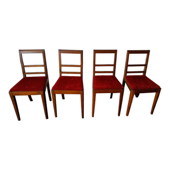 Set of 4 wooden and burgundy velvet chairs