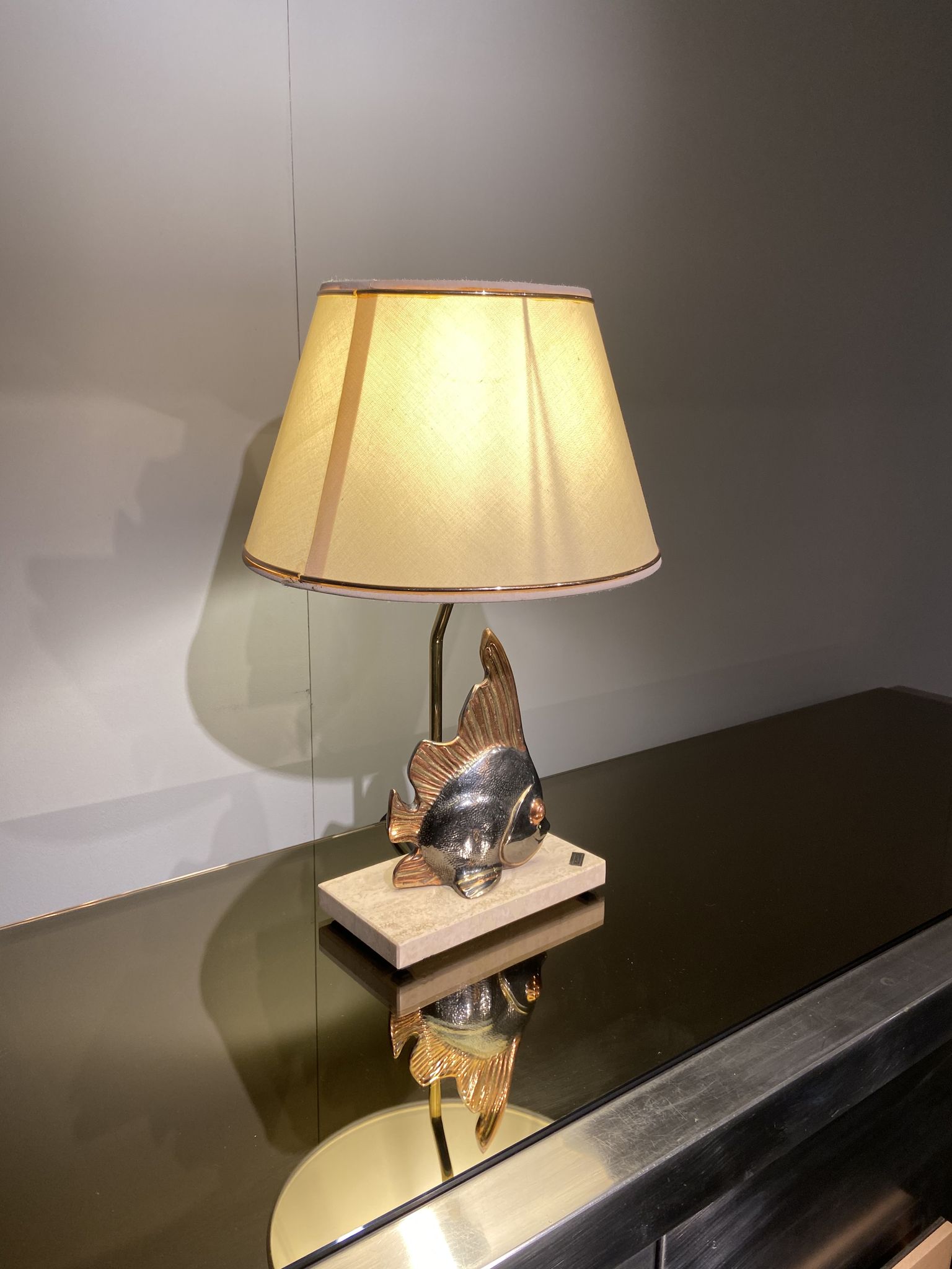 Vintage fish lamp in gold and copper metal
