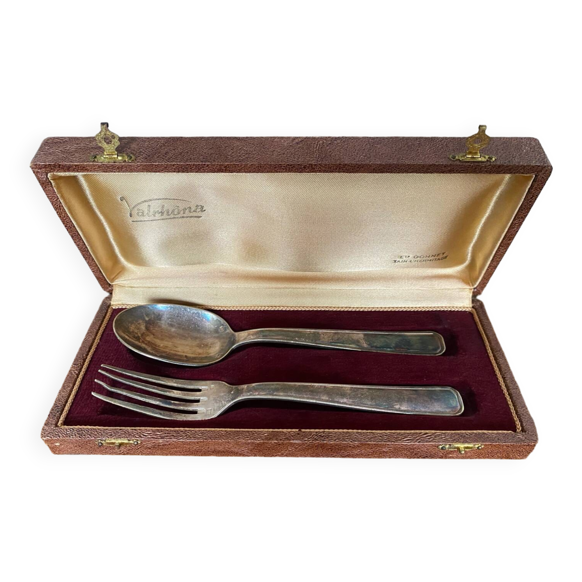 Ancien Couvert Fourchette & Cuillère Metal Argenté + Boite Parure Vintage #B337