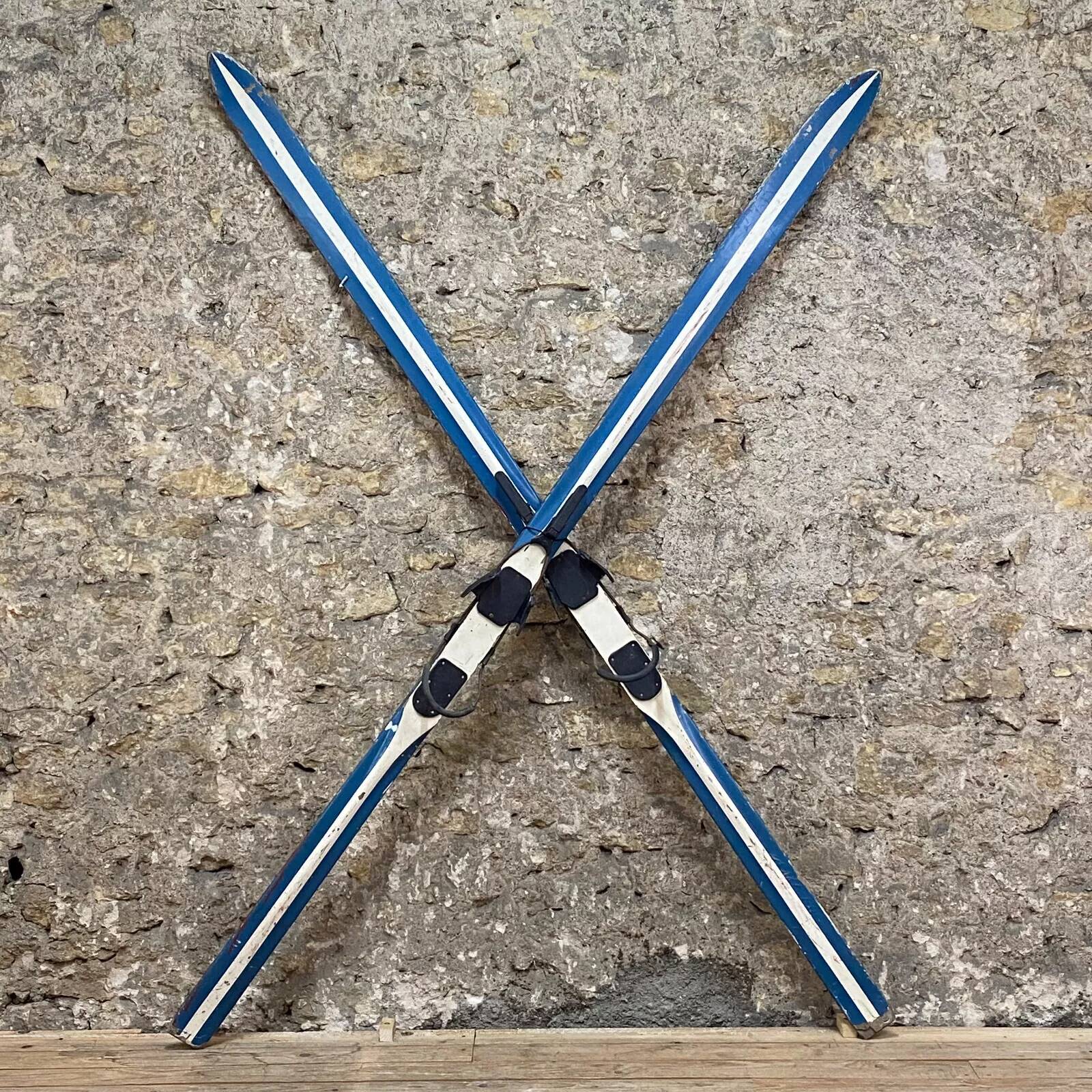 Old Pair of Vintage Blue & White Wooden Skis Mountain Chalet Decor - 218 cm